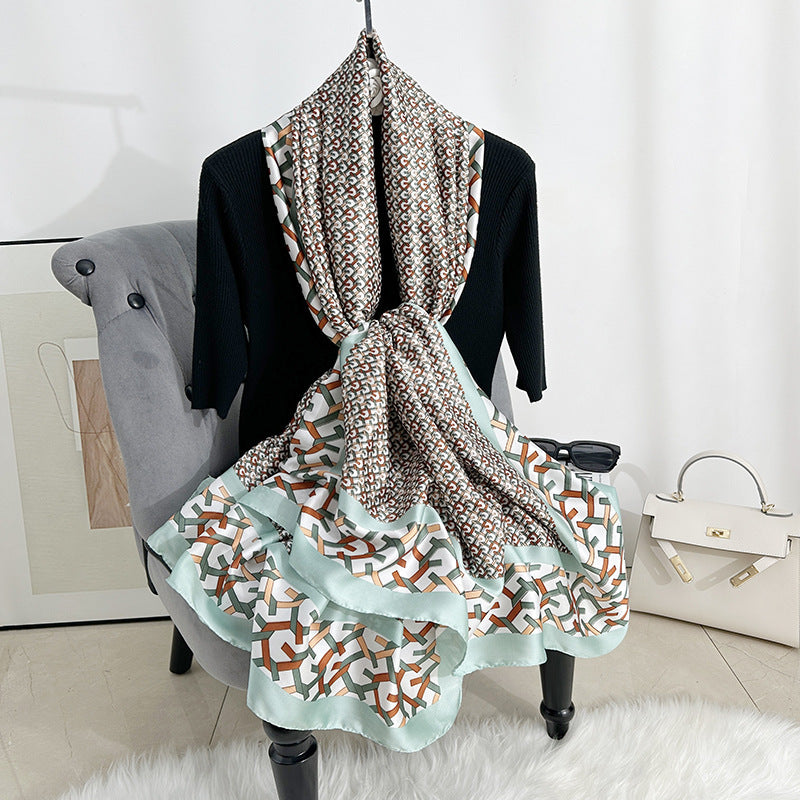 Fashion versatile color geometric line printed scarf, ethnic women's decorative headscarf, shawl outside clothes