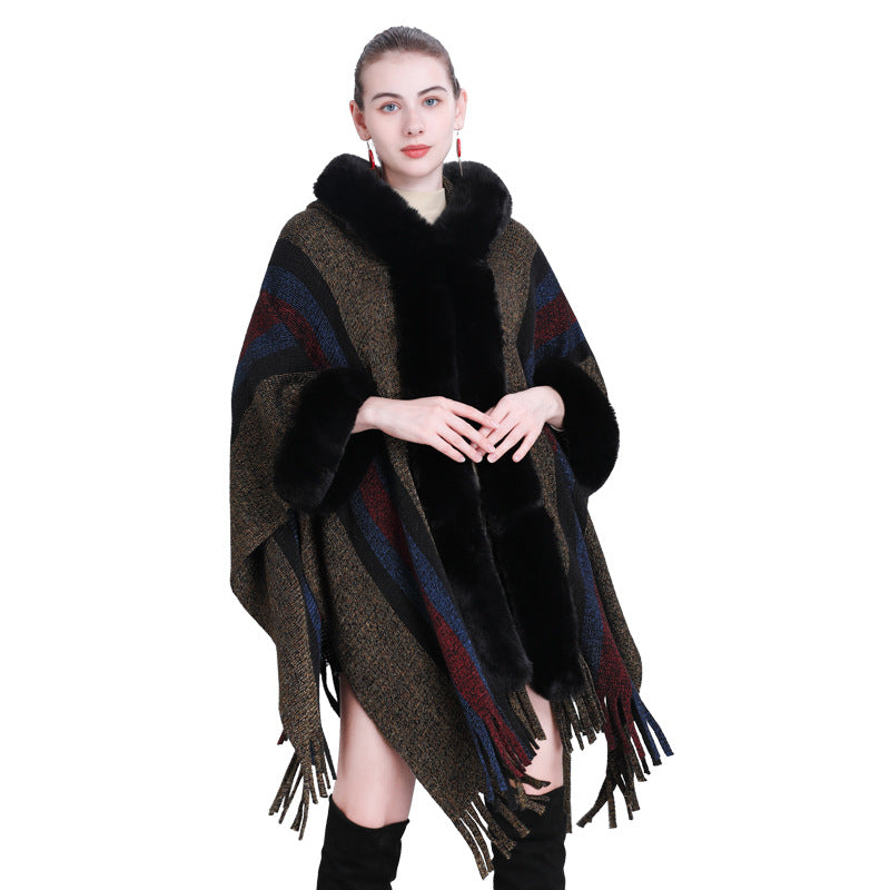 European and Korean autumn and winter new cape shawl, colorful striped fur collar hooded fringed knitted cardigan shawl cape 0983 #