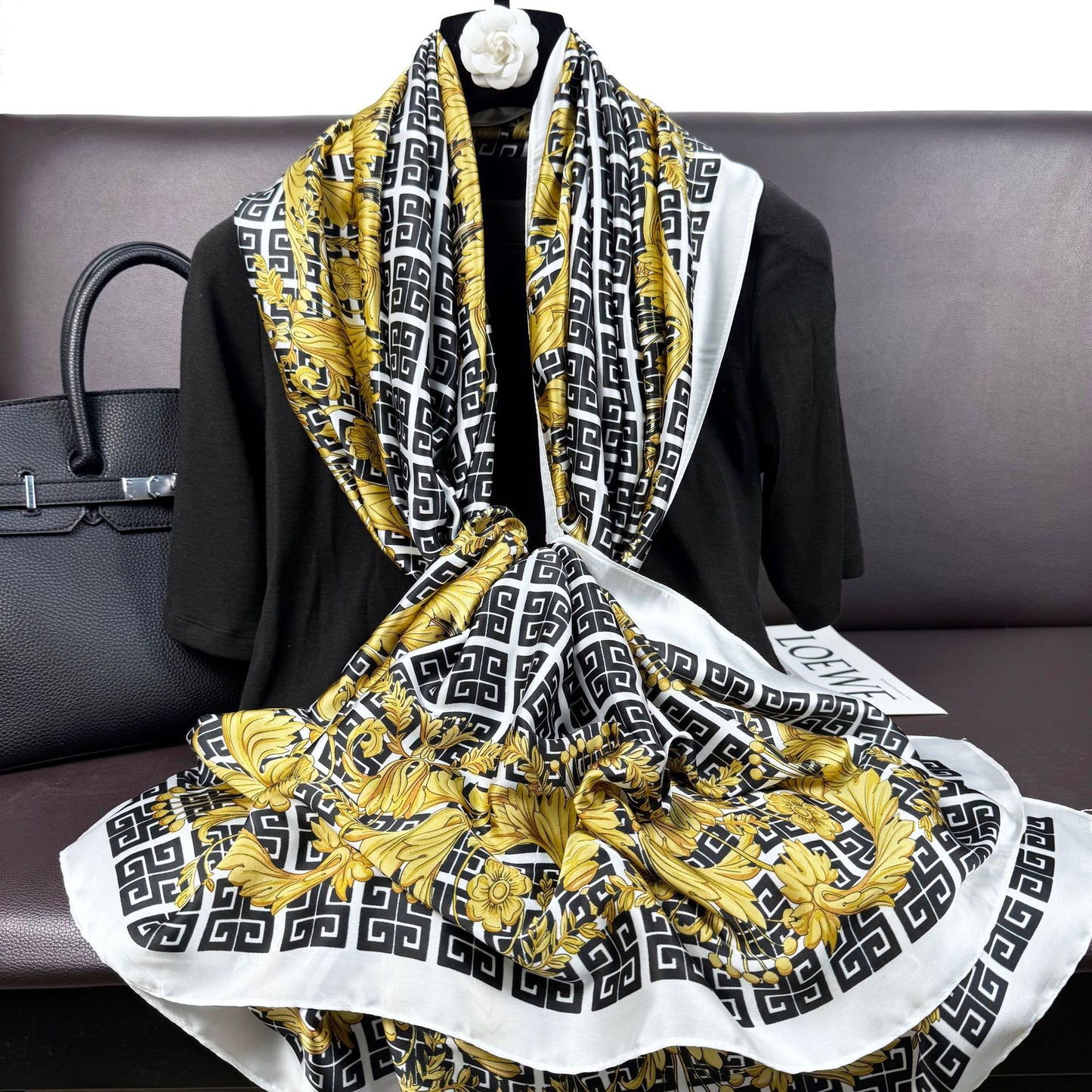 Elegant national four palaces totem simulation silk long silk scarf, spring, summer and autumn travel and vacation women's outer shawl