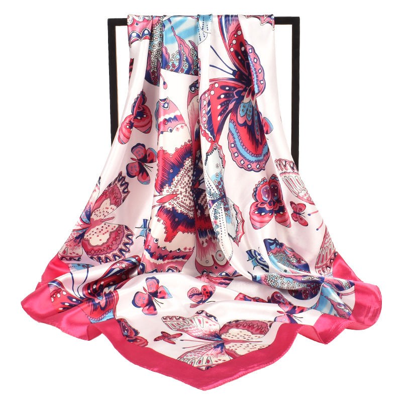 New butterfly Feifei high-quality satin large square scarf silk scarf, fashionable European and American imitation silk printing circumference