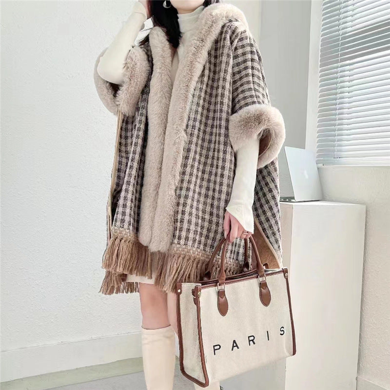 New cape shawl hooded fleece thickened temperament fringed medium and long loose large size cape jacket 1186 #