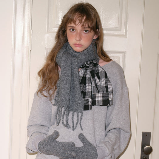 Plaid shirt sleeves splicing deconstruction fun wool blend fringed scarf women's winter wool scarf