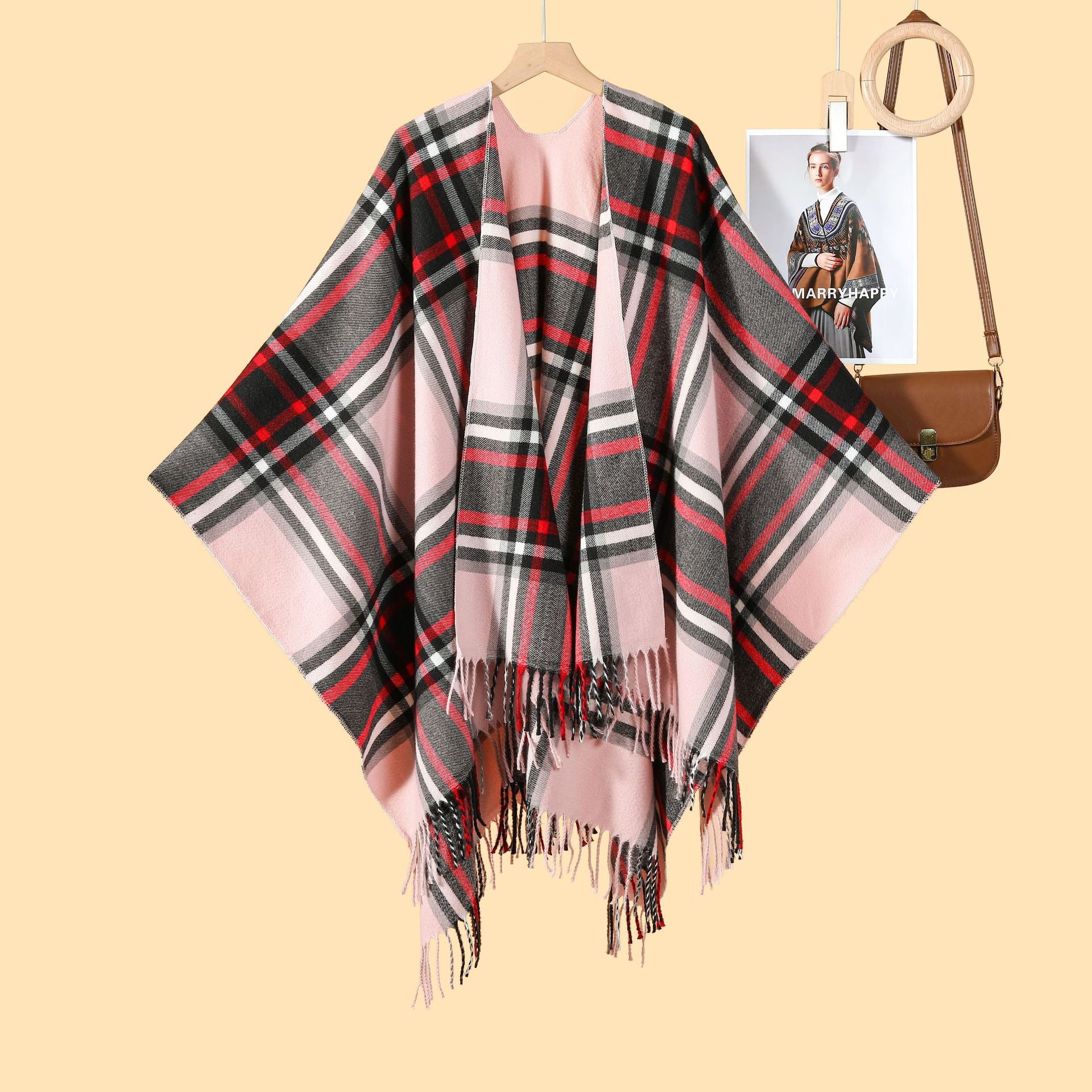 Women's Classic Silver Silk Plaid Cape Cape European and American Street Fashion Catwalk Outside Cape Spring and Autumn Warm Cape