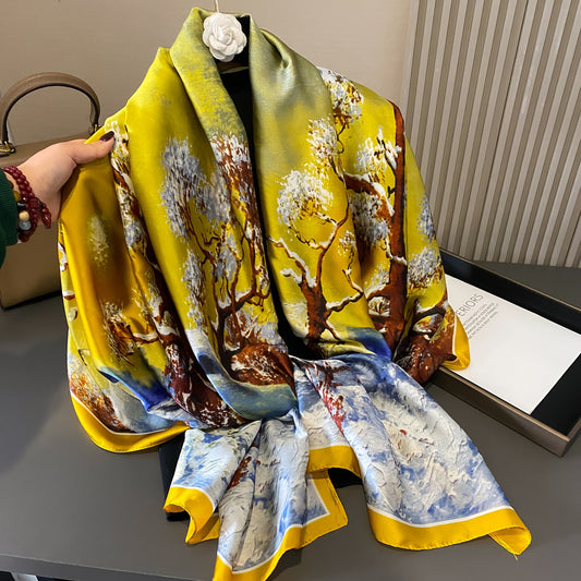 Literature and art Oil painting Beautiful brocade long silk scarf, fashionable and versatile girl air-conditioned room with shawl, scarf