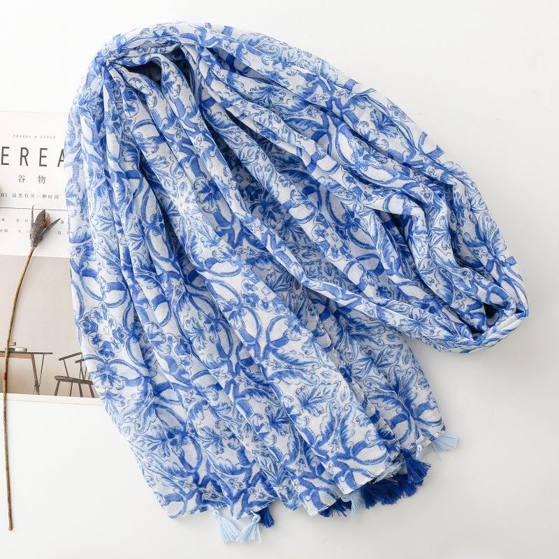 Bohemian exotic ethnic style blue blue and white porcelain geometric fringed shawl