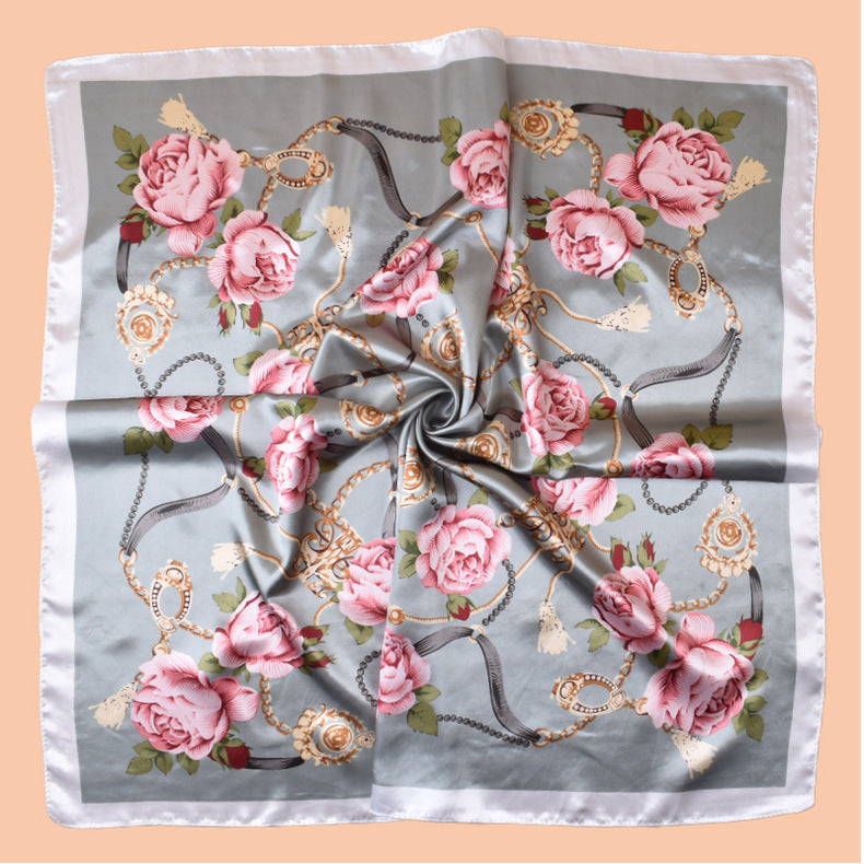 2025 new 90-color beautiful chain flower printing square scarf with sunscreen, bag head silk scarf decoration, scarf