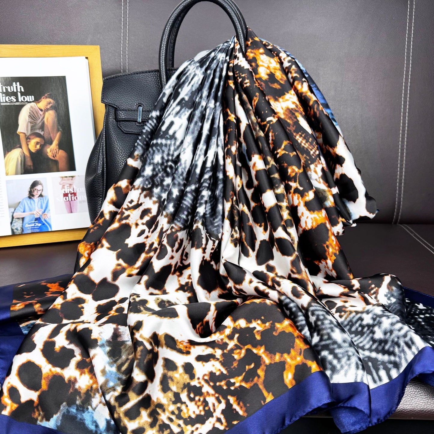 European and American fashion color leopard print brocade long silk scarf, spring, summer and autumn travel vacation sunscreen shawl scarf