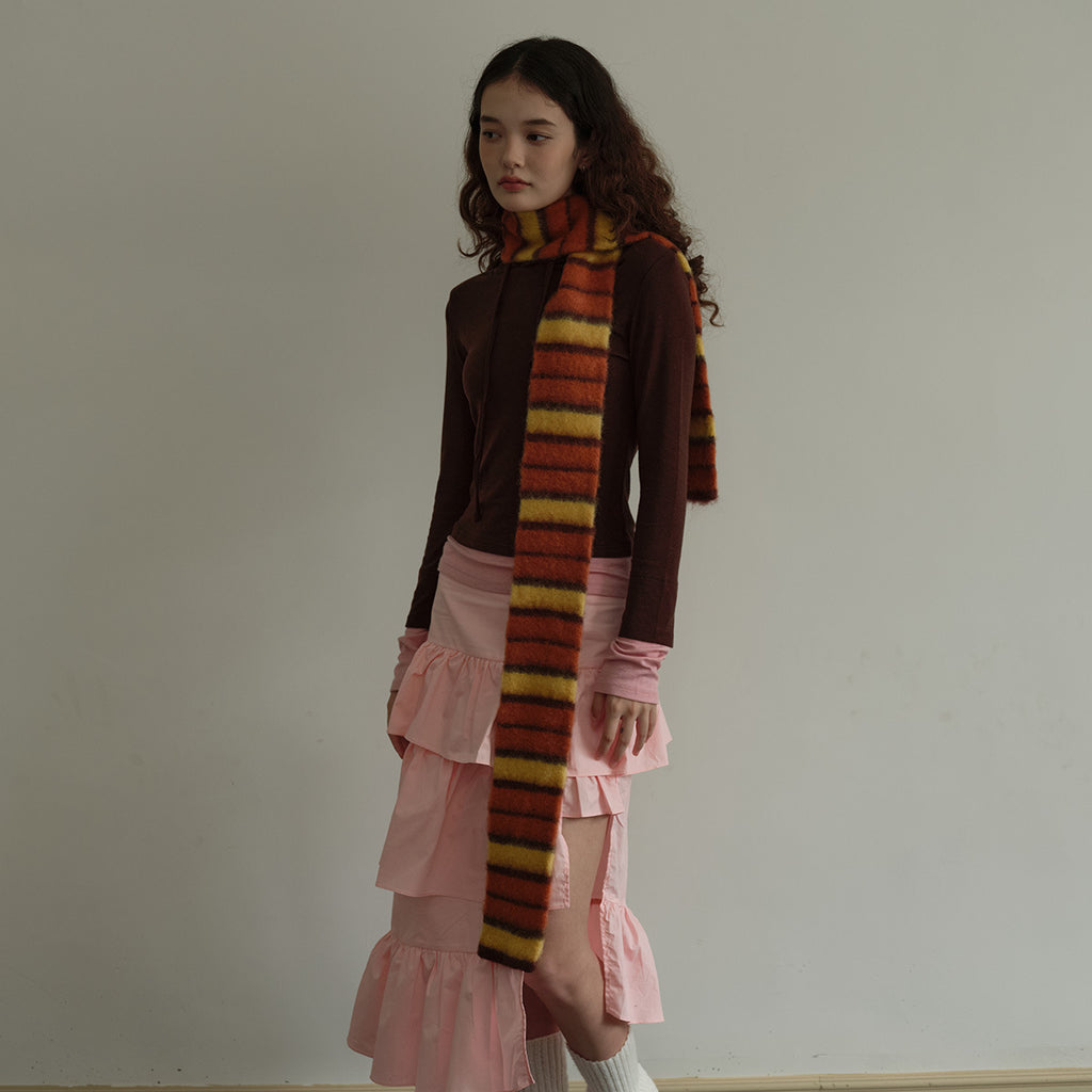 Designer thin and narrow contrasting stripes knitted small scarf women's autumn and winter concave double-layer warm wool scarf