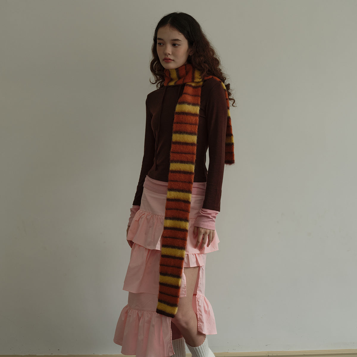 Designer thin and narrow contrasting stripes knitted small scarf women's autumn and winter concave double-layer warm wool scarf