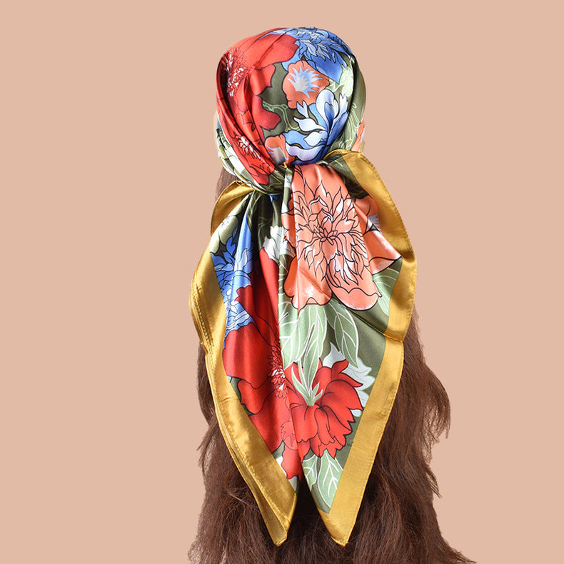 Spring new sweet flower simulation silk printing silk scarf head scarf 90 color diced light luxury square scarf