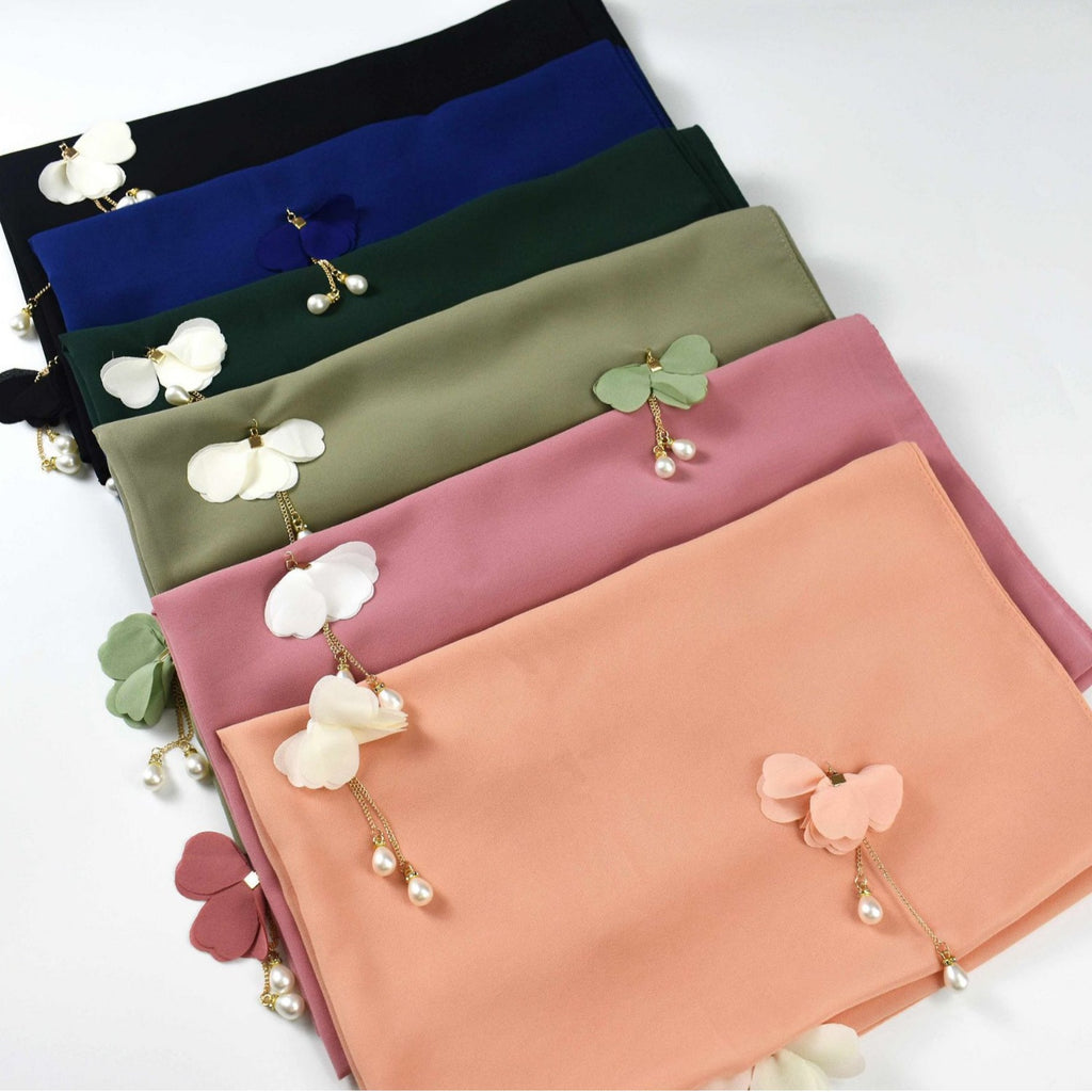 Spring and summer new pearl chiffon scarf women's hijab flower pearl yarn Middle East Malay headscarf