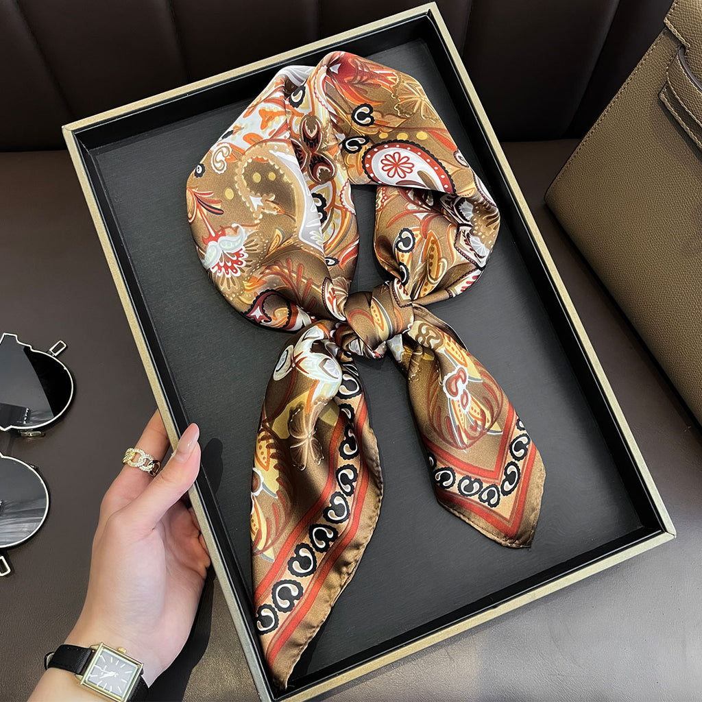 Small Square Scarf Imitation Silk Scarf Headscarf Women's Spring and Summer Scarf Printed Neck Protection Scarf Professional Scarf