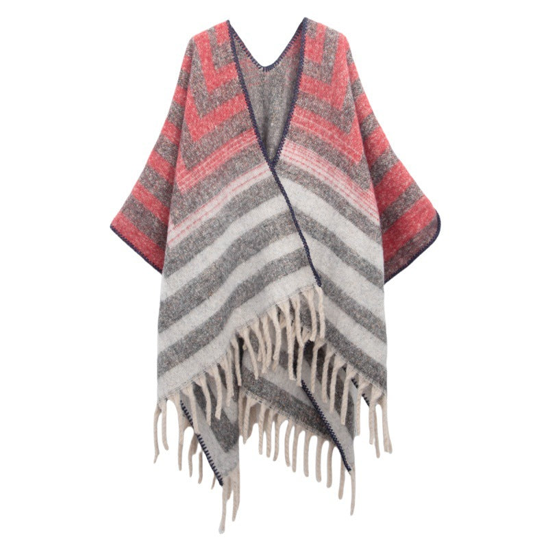 2025 new European and American autumn and winter circle yarn imitation mohair thickened jacquard striped shawl