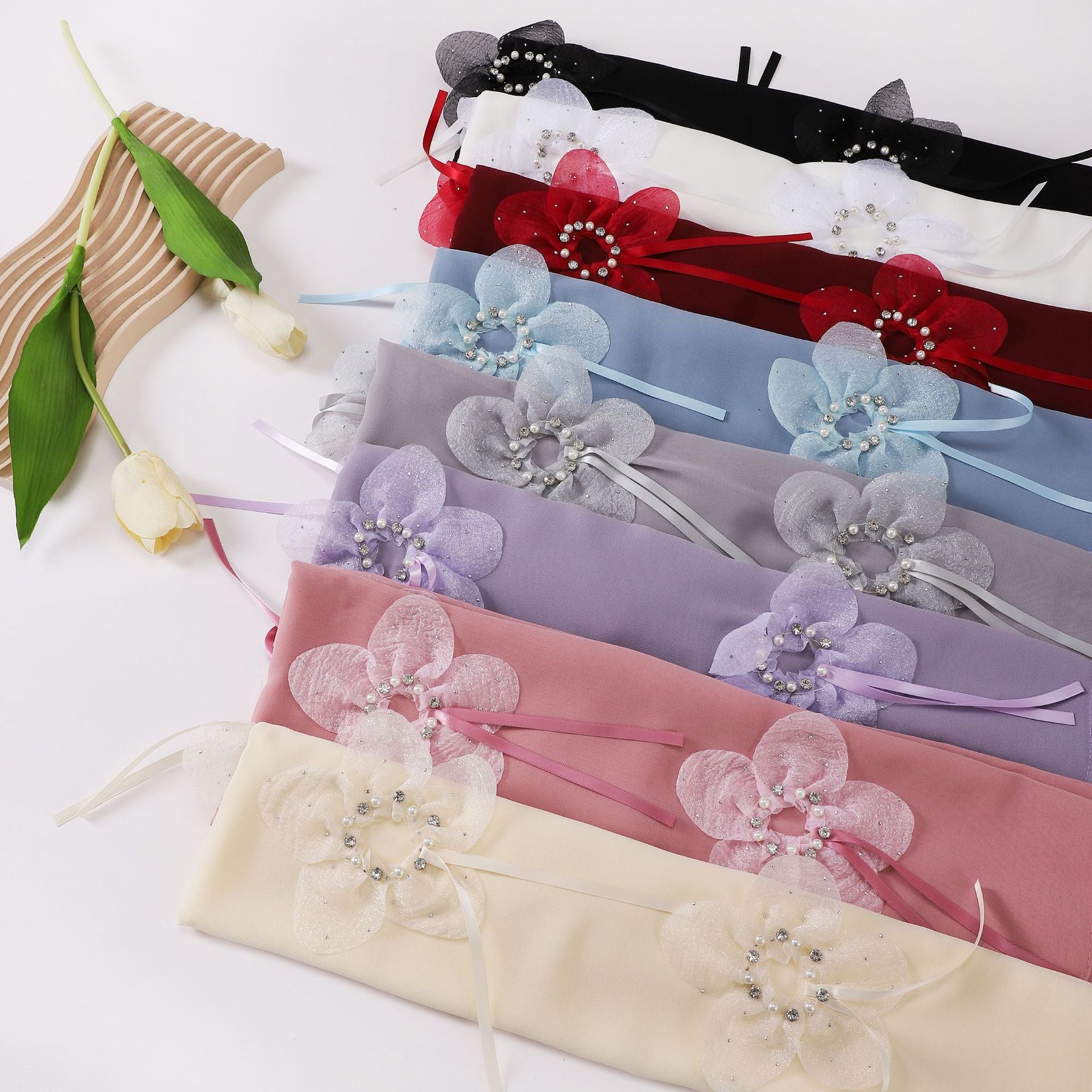 New Pearl Chiffon Handmade Sticky Flower Bead Nailed Drill Long Towel Yarn Middle East Malay Headscarf