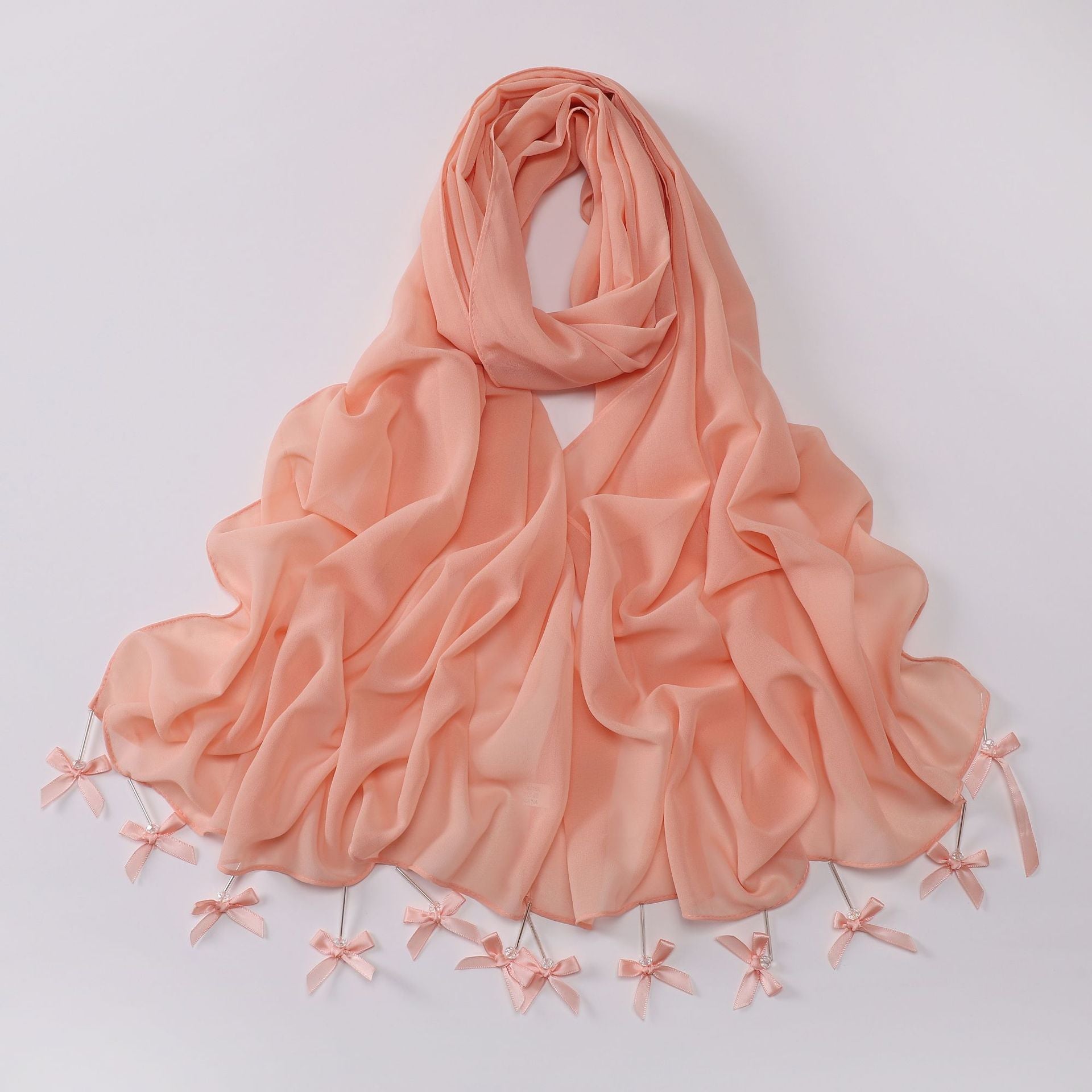 Hand sewn glass tube bow chiffon long towel yarn scarf Malaysia small fresh headscarf