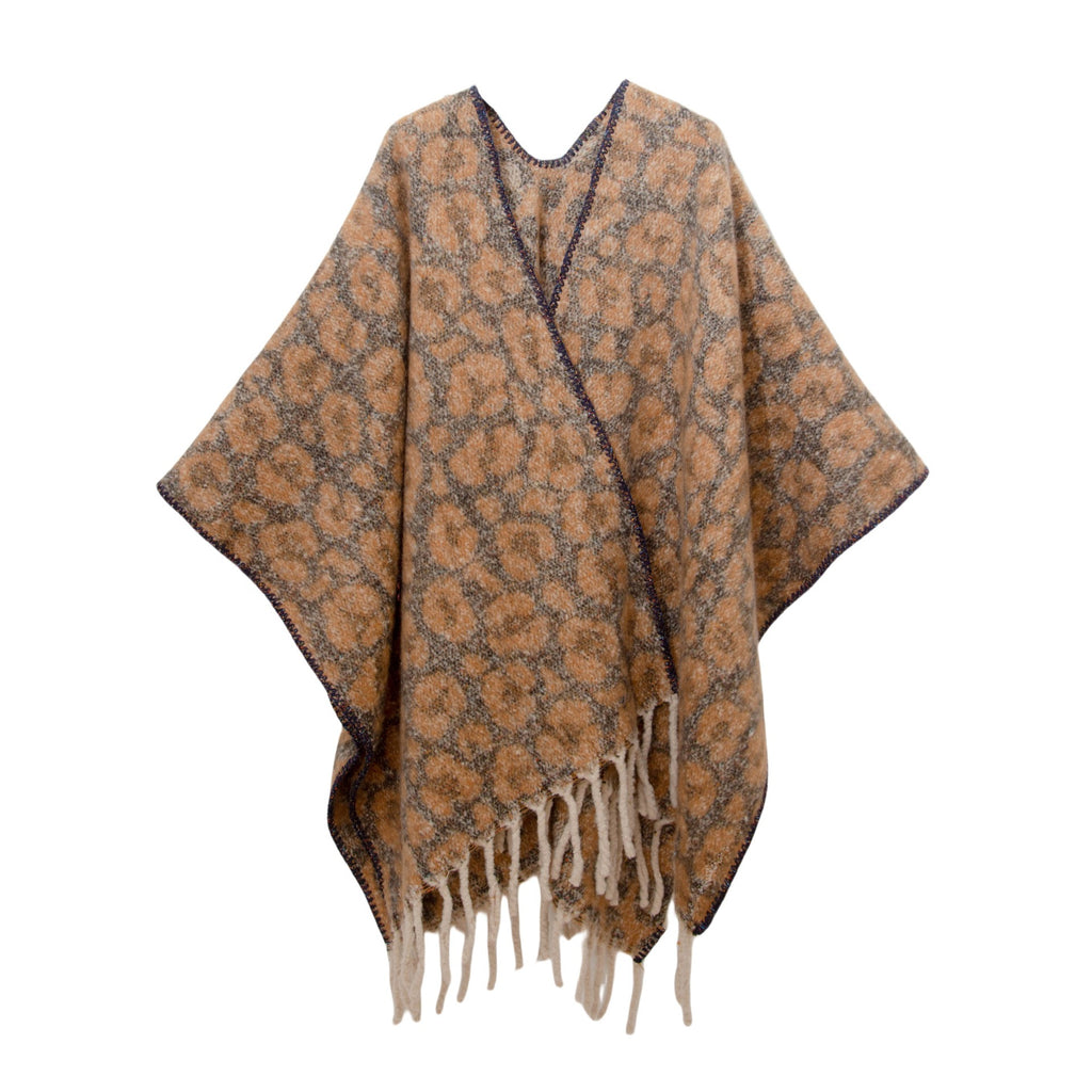 European, American autumn and winter circle yarn imitation mohair thickened jacquard leopard print fringed cross shawl