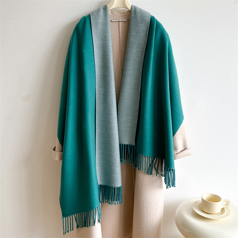 Simple solid color imitation cashmere scarf men's and women's winter thickened warm double-sided two-color versatile fringed shawl core-spun yarn