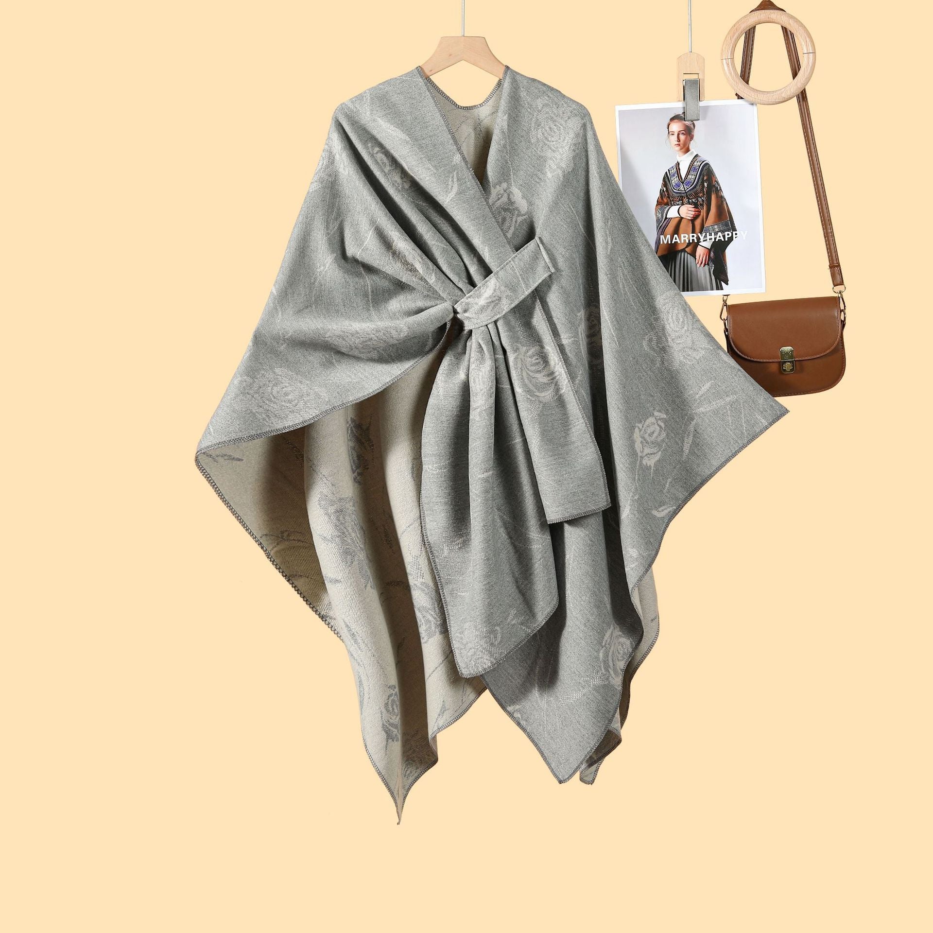 Ladies French Romantic Rose Split Shawl Cloak Multifunctional Side Straps Outside with Warm Cardigan New