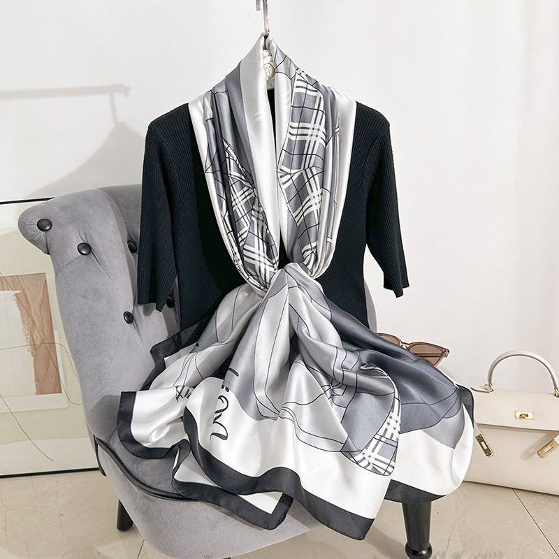 Fashion versatile geometric line plaid printing long silk scarf, elegant and light luxury women's outer yarn thin shawl