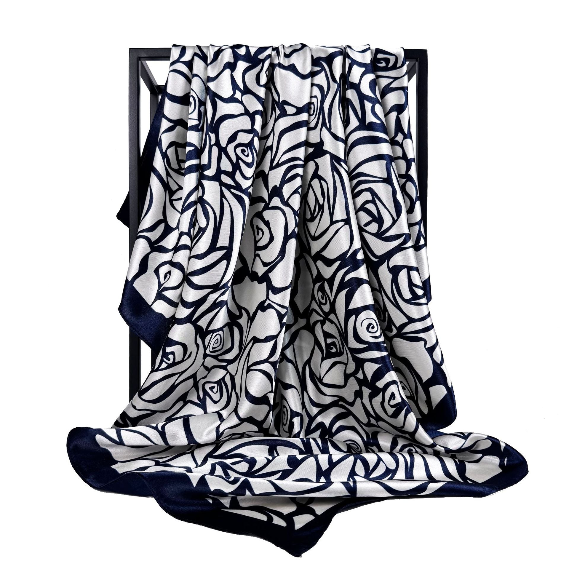 Elegant temperament women's decorative scarf, imitation silk satin plant flower flower printed silk scarf, bag head square scarf