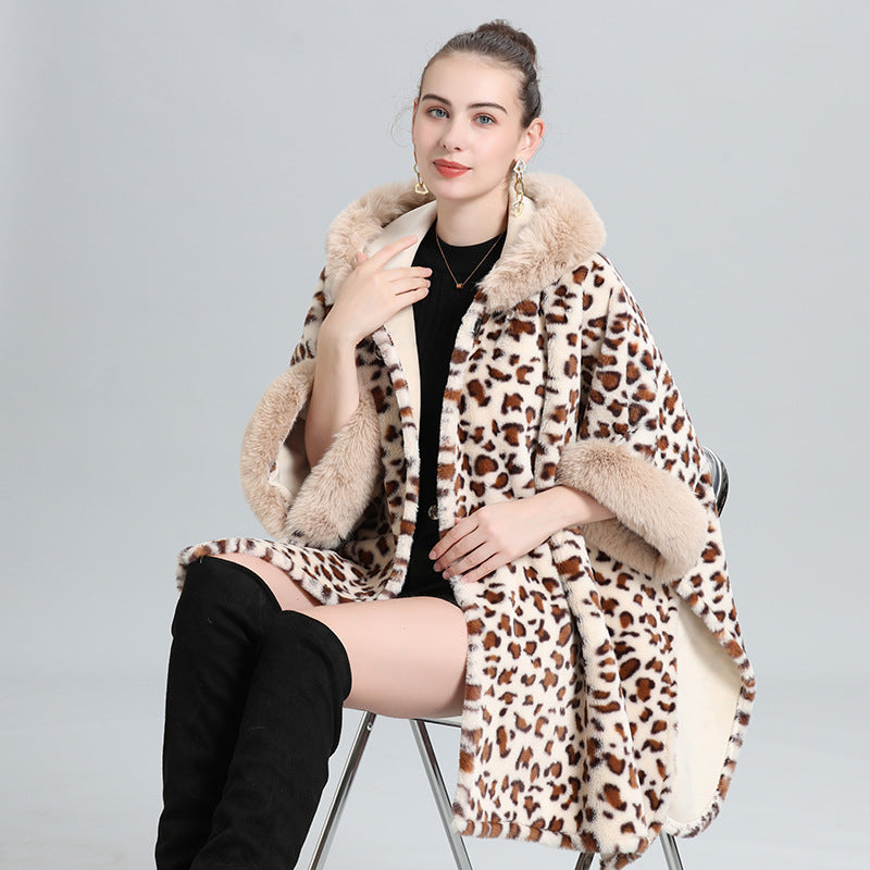 Cloak Shawl Leopard Point Fleece Thickened Fur Collar Fringed Knitted Shawl Large Size Wool Jacket 0960