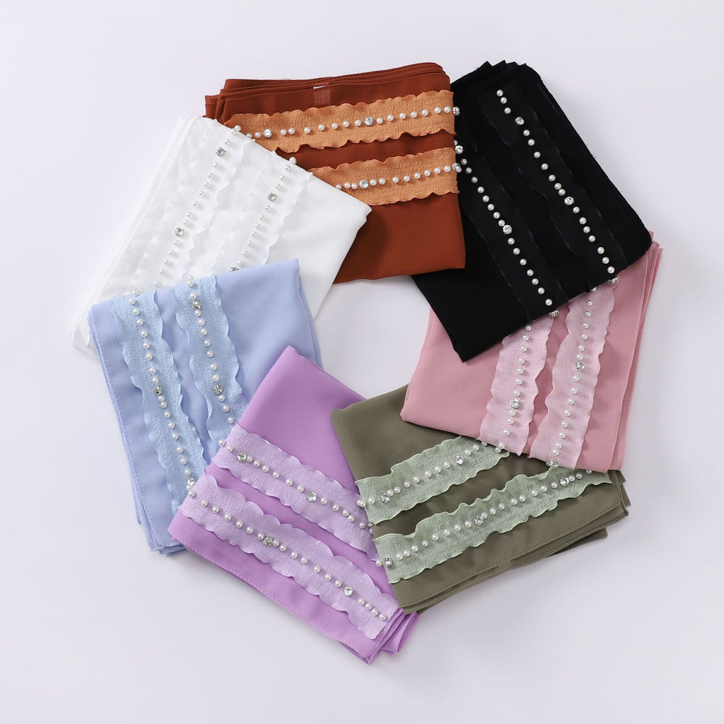 New solid color pearl chiffon lotus leaf lace bead nailed diamond scarf Middle East headscarf  scarf Malay Baotou