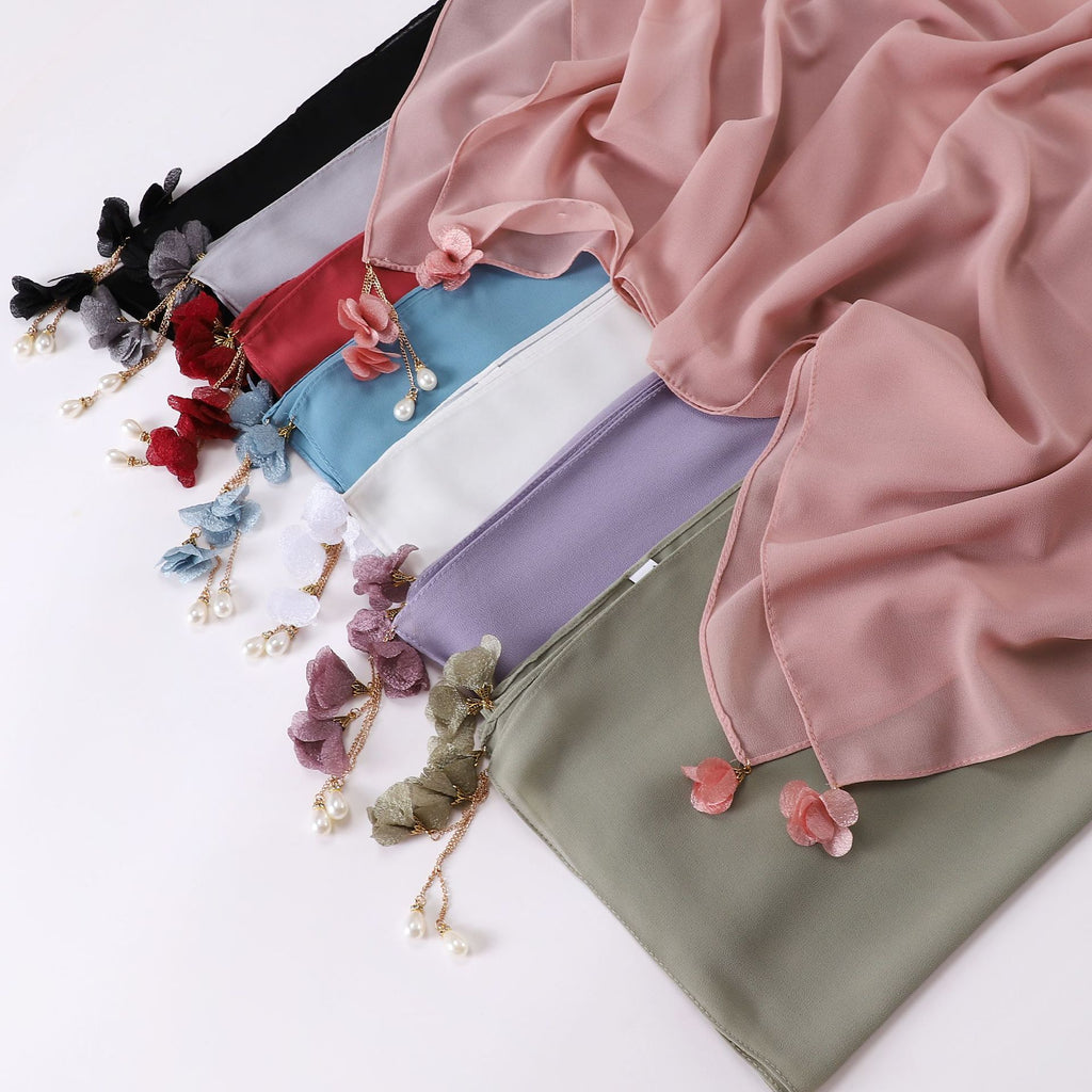 Pearl flower pendant pearl chiffon square scarf 90 * 90cm headscarf