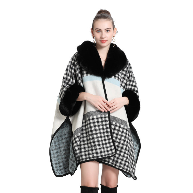 Autumn and winter new cape large size loose imitation fur collar jacquard knitted cardigan cape shawl woolen coat 0965 #