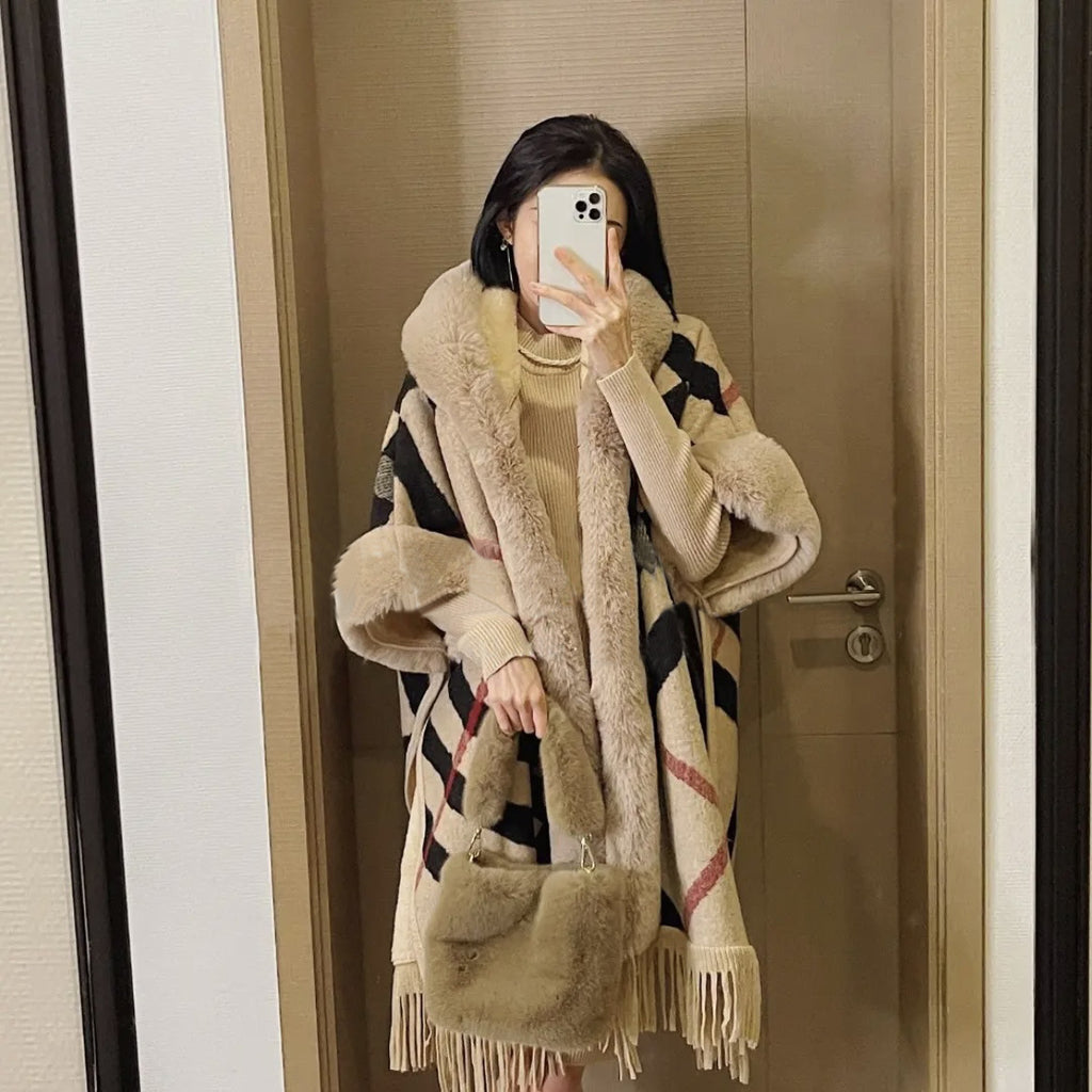 Autumn and winter temperament plaid plush thickened fur collar knitted shawl cape women's woolen coat 0862 #