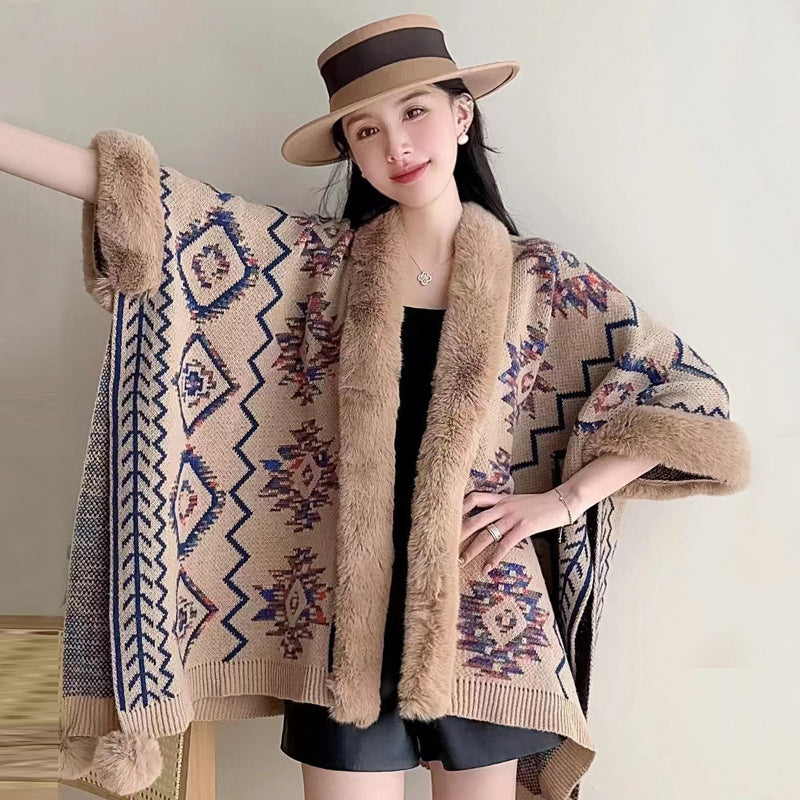 Autumn and winter new ethnic style hairball cape cape cape with jacquard loose knitted cardigan jacket women