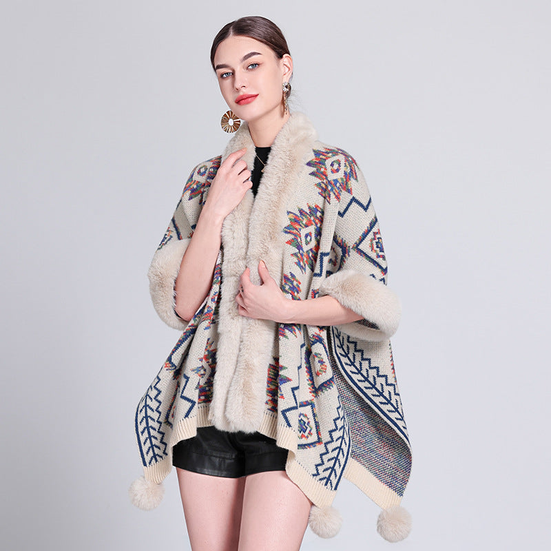 Autumn and winter new ethnic style hairball cape cape cape with jacquard loose knitted cardigan jacket women