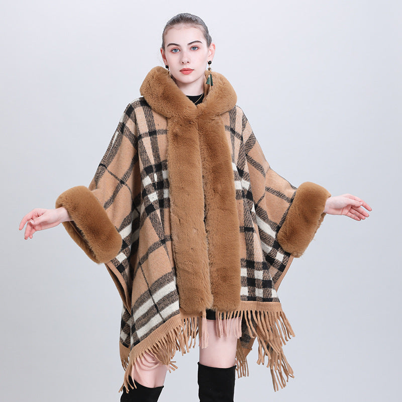 European and American large size coat fur collar plaid hooded fringed cape shawl knitted shawl cardigan 1534