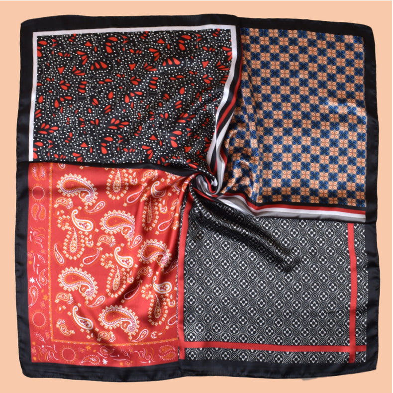2025 new 90-satin combination pattern versatile printed square scarf with sunscreen, bag head silk scarf decoration, scarf