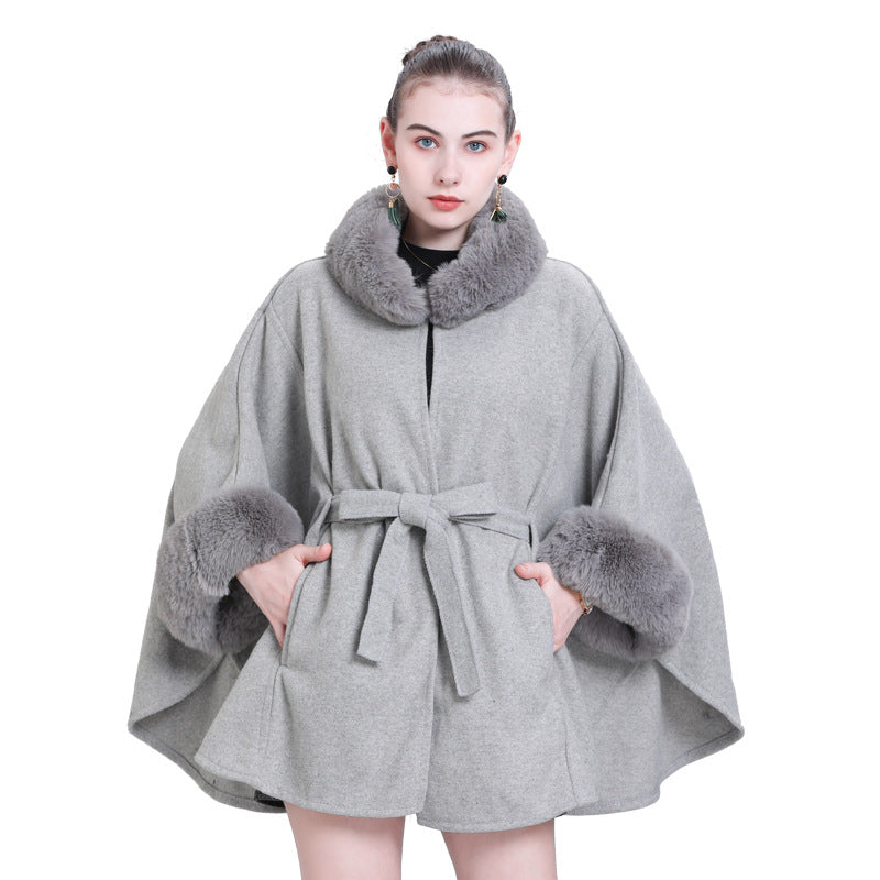 beige autumn and winter fur collar lace-up knitted cardigan cape loose woolen jacket Q1000 #