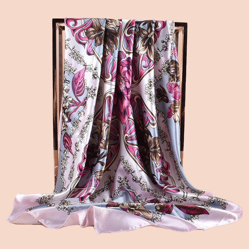Spring new fashion large shawl simulation silk plant printing silk scarf head scarf 90-color diced large square scarf batch