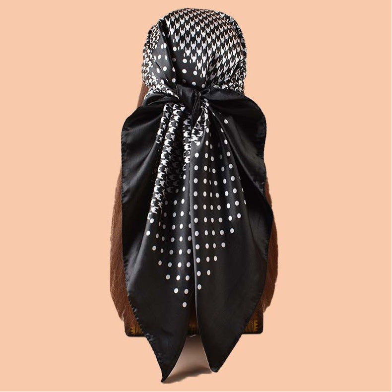2025 new 90-satin polka dot thousand bird grid printed square scarf with sunscreen, bag head silk scarf decoration, scarf
