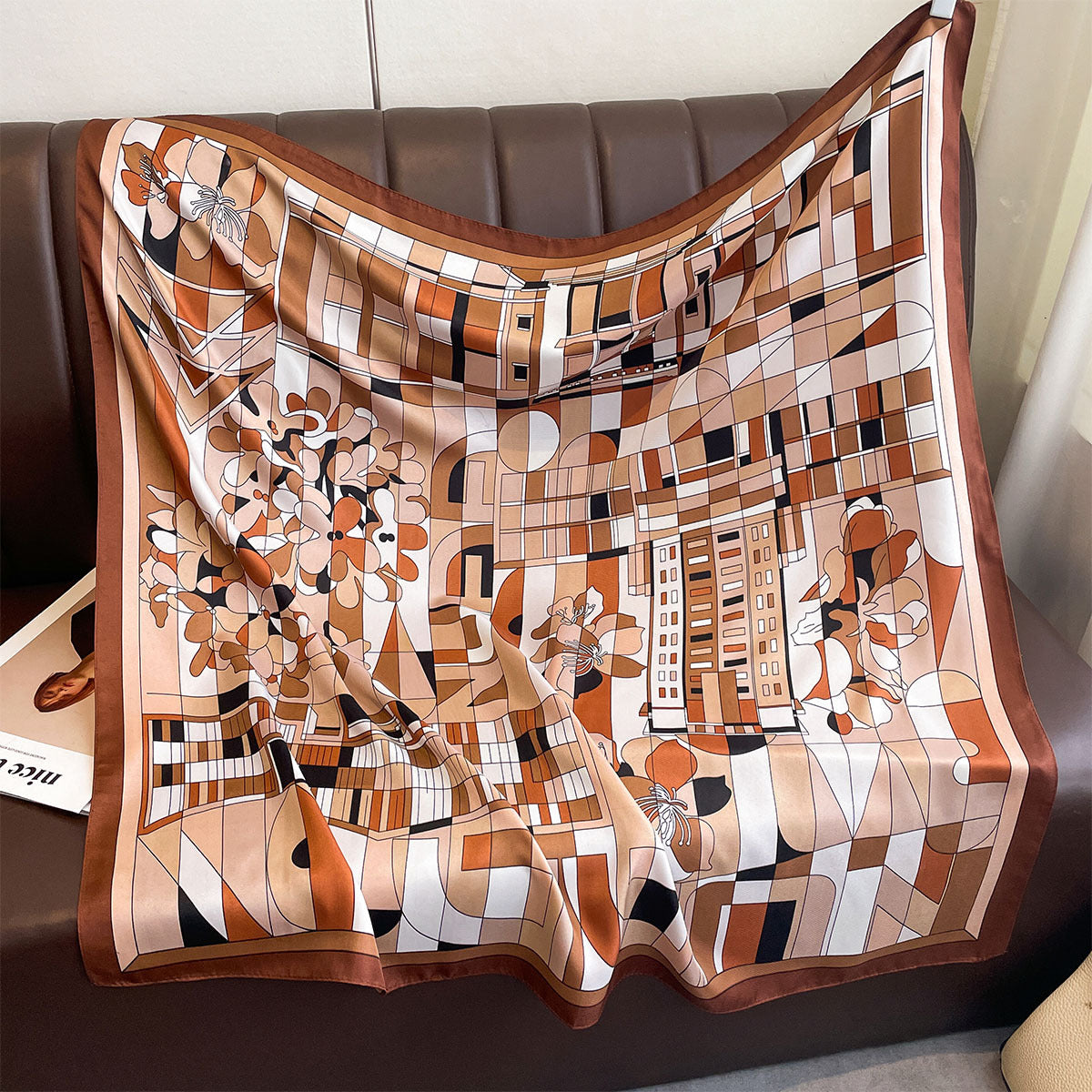 New geometric flower 90 twill large square scarf fashion printing imitation silk windproof shawl headscarf women