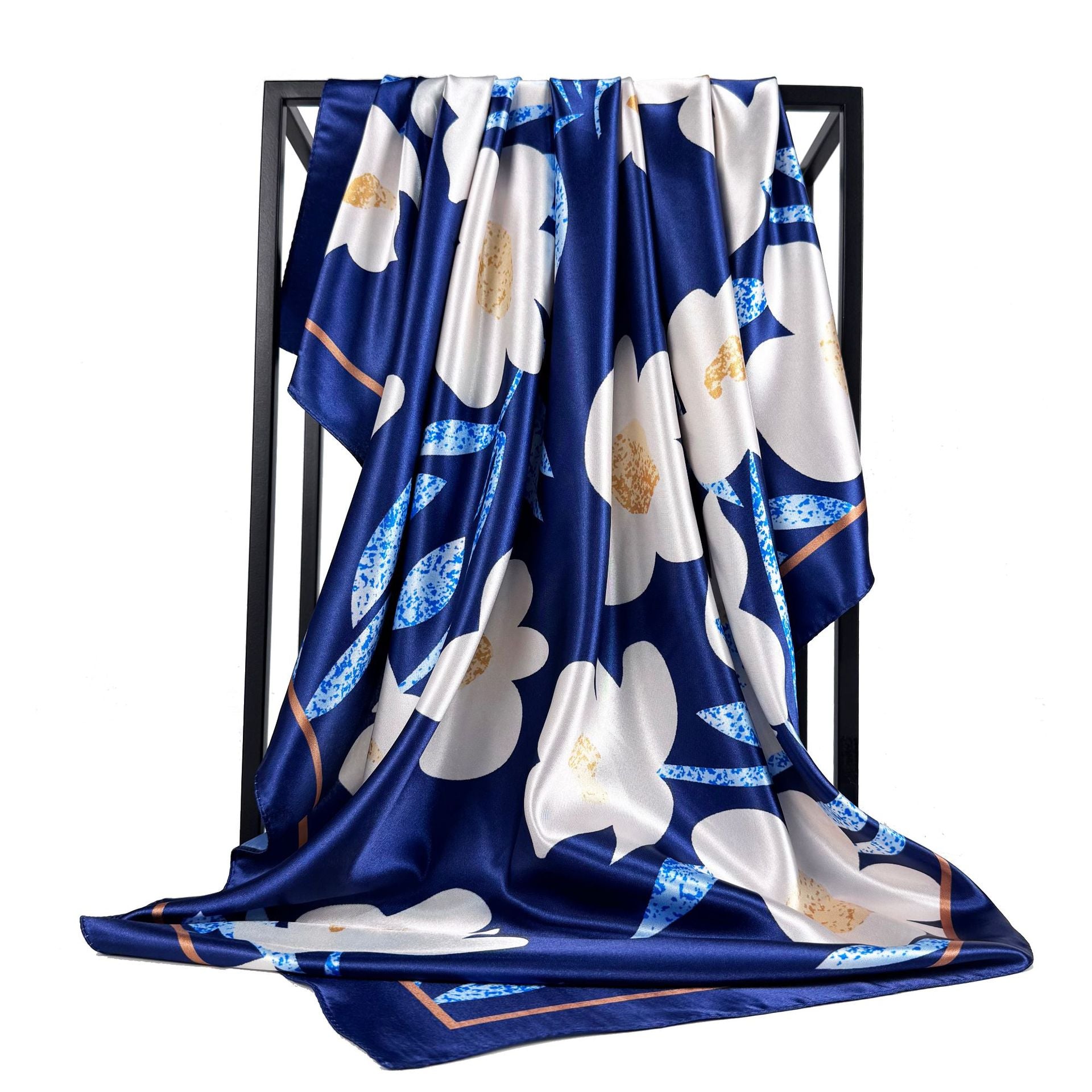 Elegant temperament women's decorative scarf, imitation silk satin plant flower flower printed silk scarf, bag head square scarf