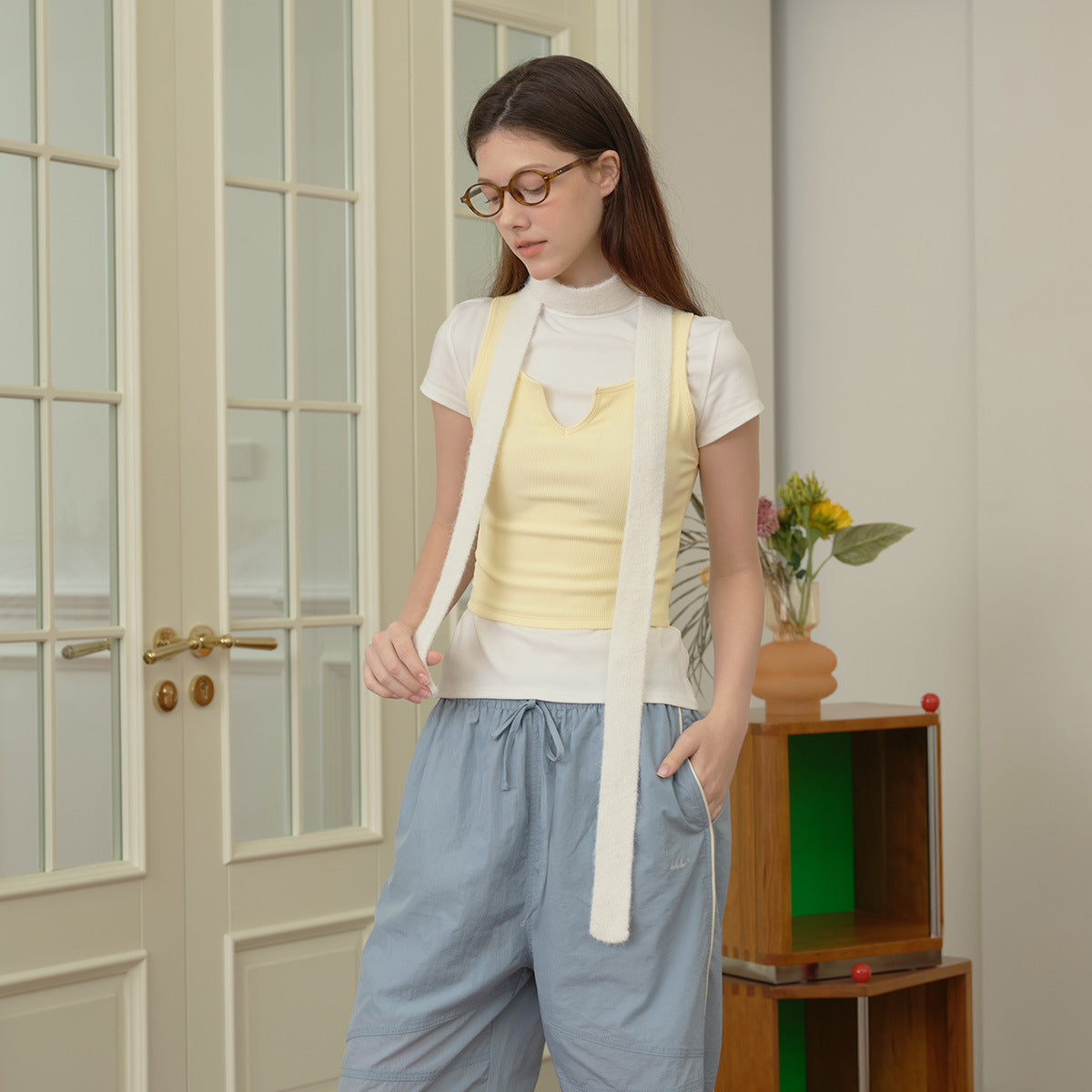 Wear a solid-color wool-blended thin and narrow long scarf for women's autumn and winter concave shape Spice Girl knitted small scarf