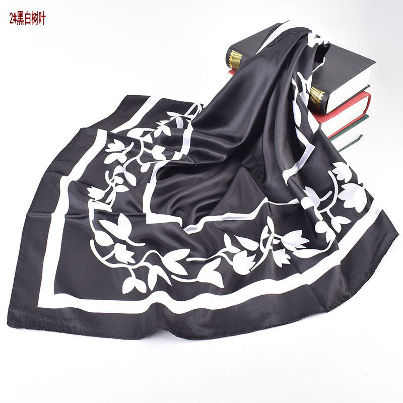 Autumn and winter new scarf black and white simple printing light luxury silk scarf 90cm satin high-end square scarf