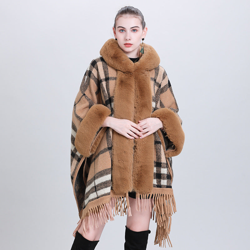 large size coat fur collar plaid hooded fringed cape shawl knitted shawl cardigan 1534