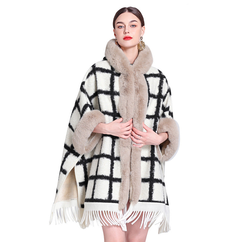 Europe, America, autumn and winter new woolen coat fur collar hooded plush thickened warm fashion fringed cape shawl outside