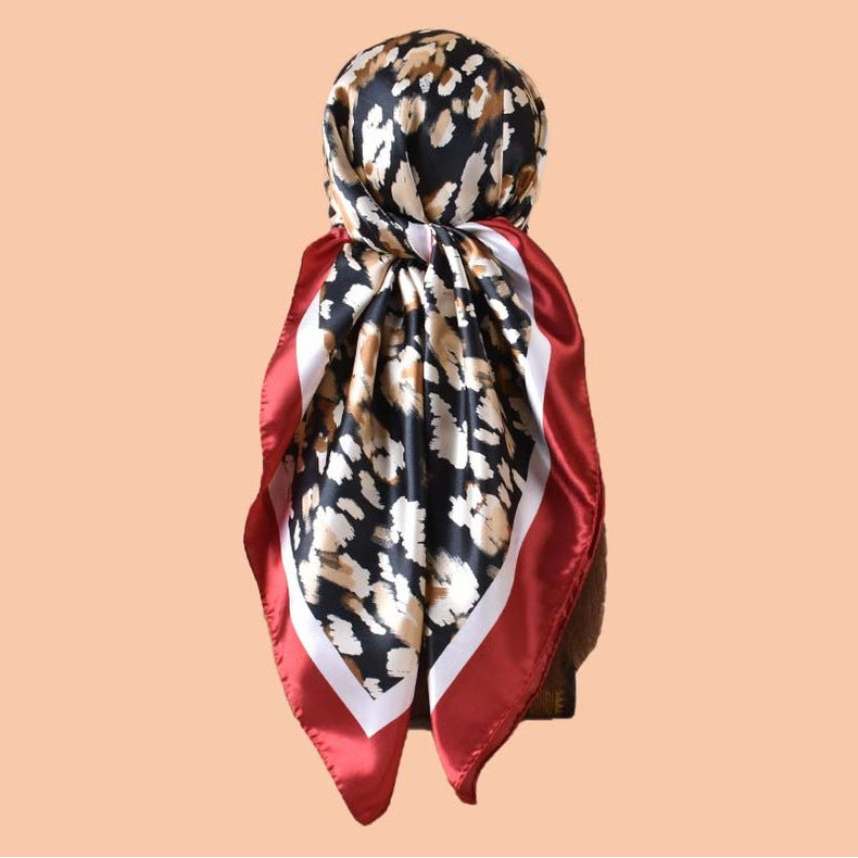 2025 new 90-satin geometric leopard print versatile printed square scarf with sunscreen, bag head silk scarf decoration, scarf