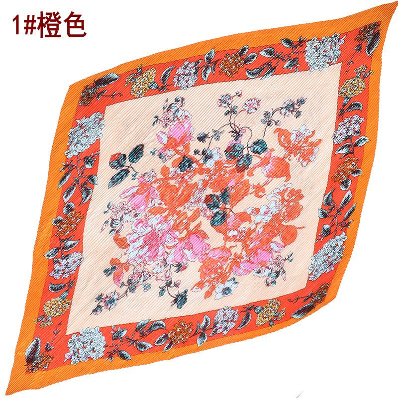 Summer new fashion retro flower pleated 90 satin large square scarf silk scarf imitation silk scarf