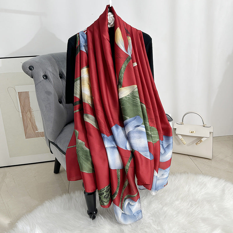 Spring and summer new fashionable and foreign long silk scarves give mother gifts, Lijing satin long scarves travel versatile and light shawls
