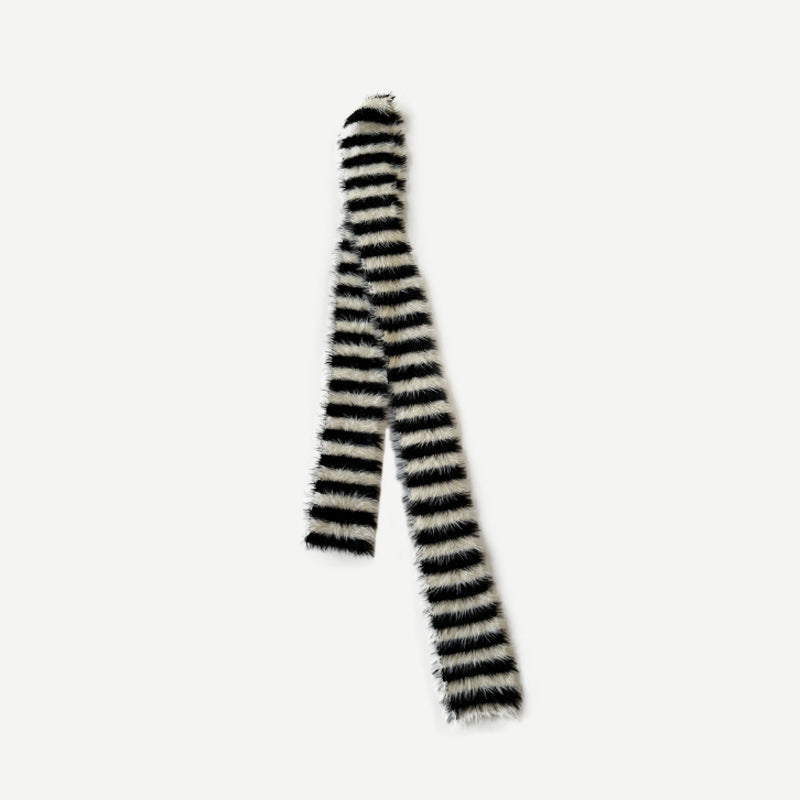Long-haired imitation mink niche millennial retro striped knitted scarf women's winter decoration soft wool scarf