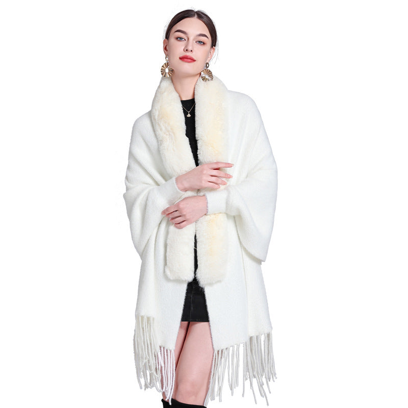 Autumn and winter new shawl fur collar imitation mink velvet knitted fringed sleeved cheongsam shawl with cape jacket women