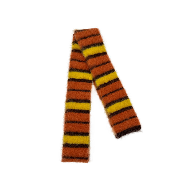 Designer thin and narrow contrasting stripes knitted small scarf women's autumn and winter concave double-layer warm wool scarf