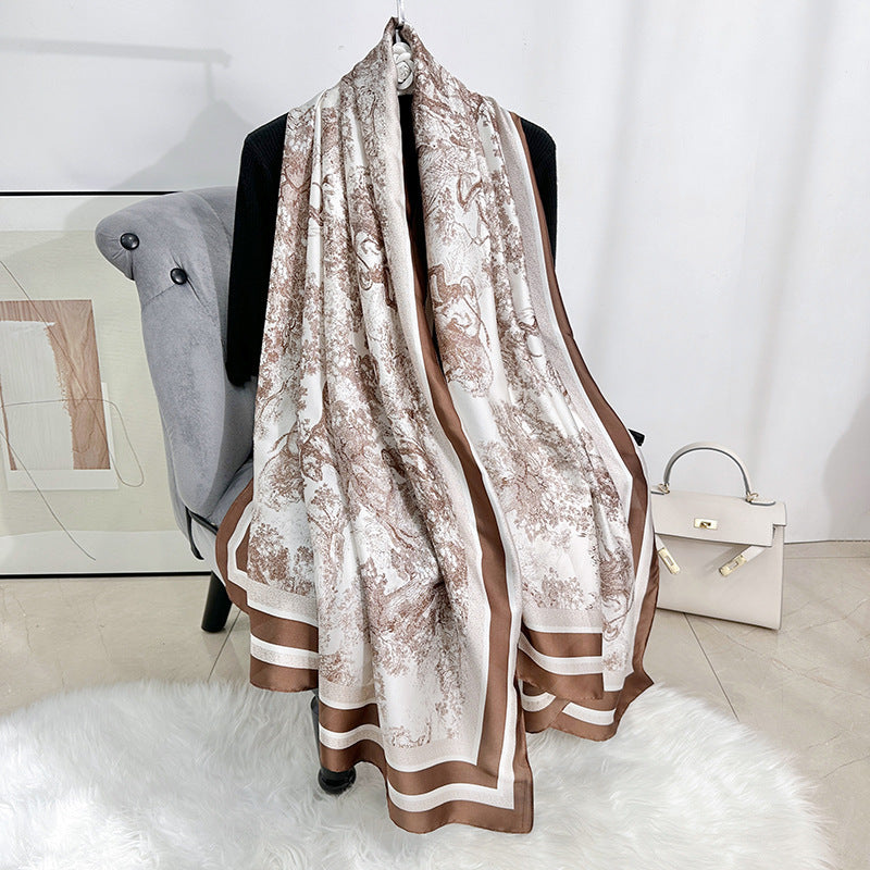 Fashion thin travel photography with long scarves, Japanese and Korean retro niche plant flower printing silk scarves