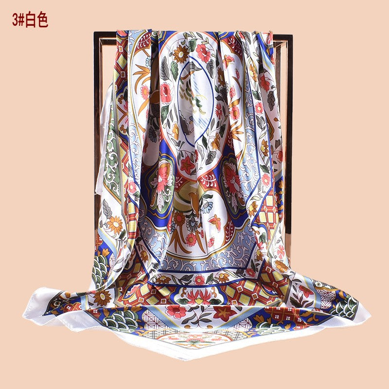 Spring new fashion big shawl simulation silk plant flower printing silk scarf head scarf 90 color square scarf